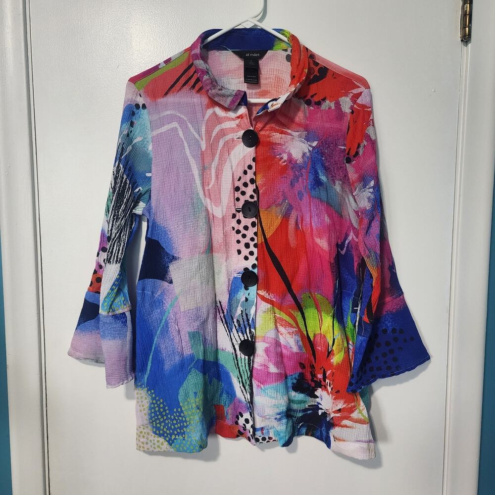 Ali Miles Top Medium Colorful Bright Abstract Artsy Pockets Button Floral Lagen